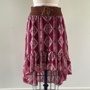 3/$20 Tribal print high-low skirt with woven belt waistband